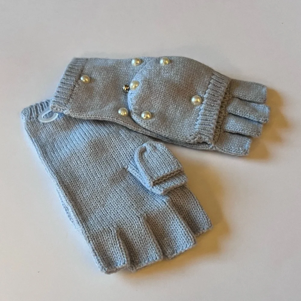 KATE SPADE PEARL EMBELLISHED POP TOP WOOL/ACRYLIC FINGERLESS GLOVES BLUE FOG NWO